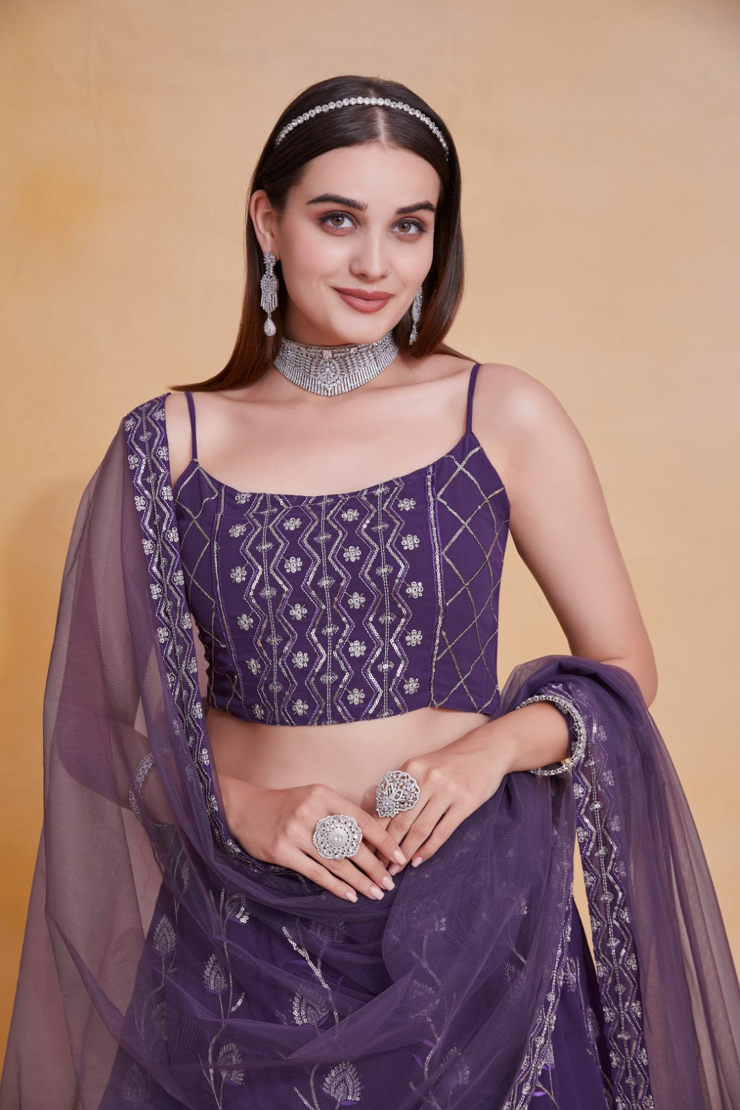 Women's Purple Georgette Embroidered Lehenga Set - Jihu Culture