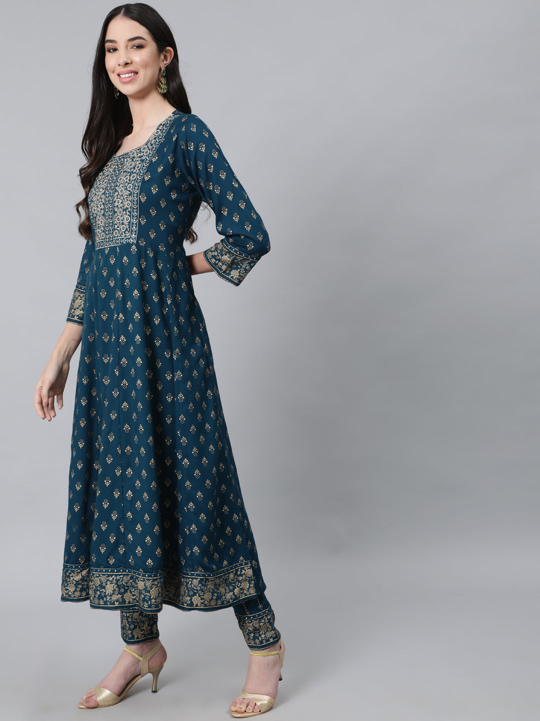 Women's Navy Blue Ethnic Motifs Embroidered Thread Work Kurta with Trousers  With Dupatta - Anubhutee USA
