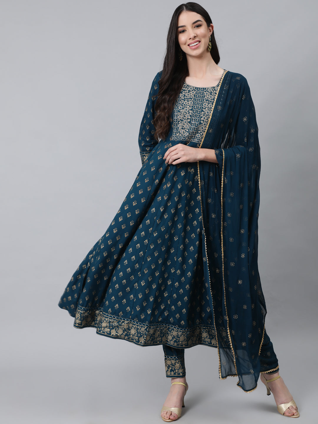 Women's Navy Blue Ethnic Motifs Embroidered Thread Work Kurta with Trousers  With Dupatta - Anubhutee USA