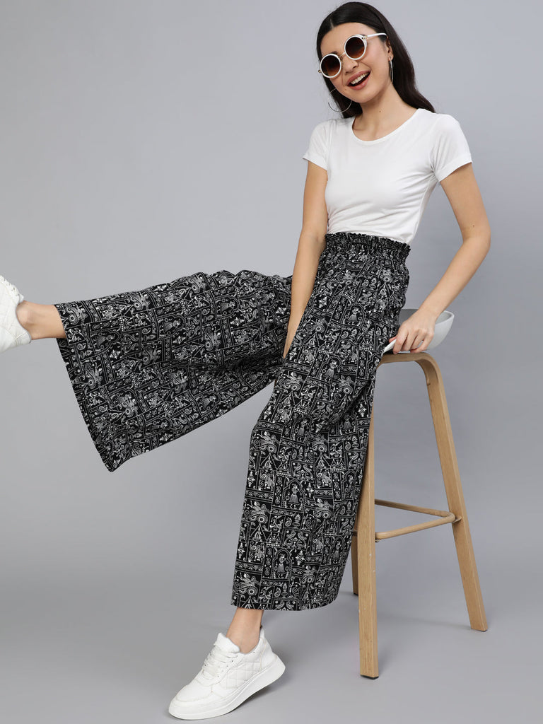 Women's Black Printed Wide Legged Printed Plazo With Side Pockets - N