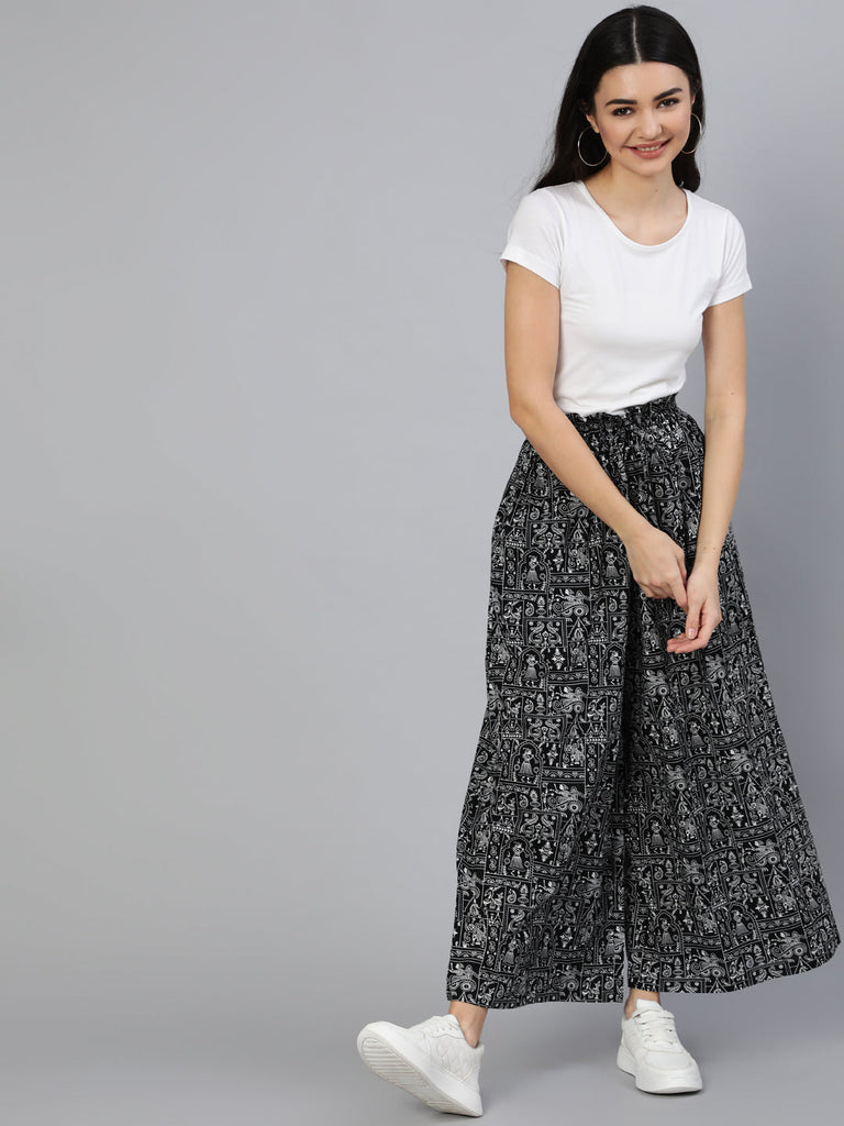 Women's Black Printed Wide Legged Printed Plazo With Side Pockets - N