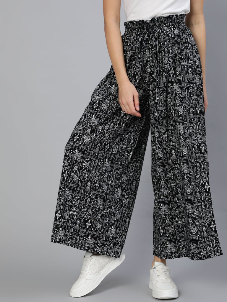 Women's Black Printed Wide Legged Printed Plazo With Side Pockets - N