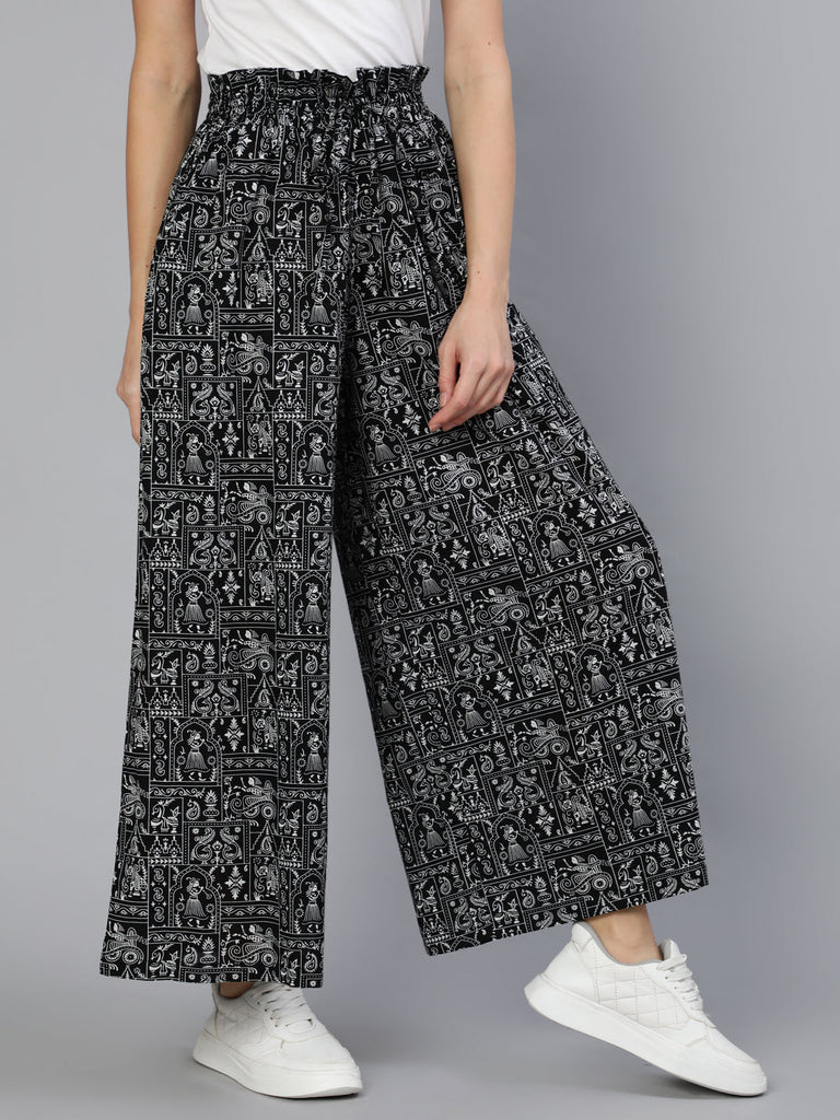 Women's Black Printed Wide Legged Printed Plazo With Side Pockets - N