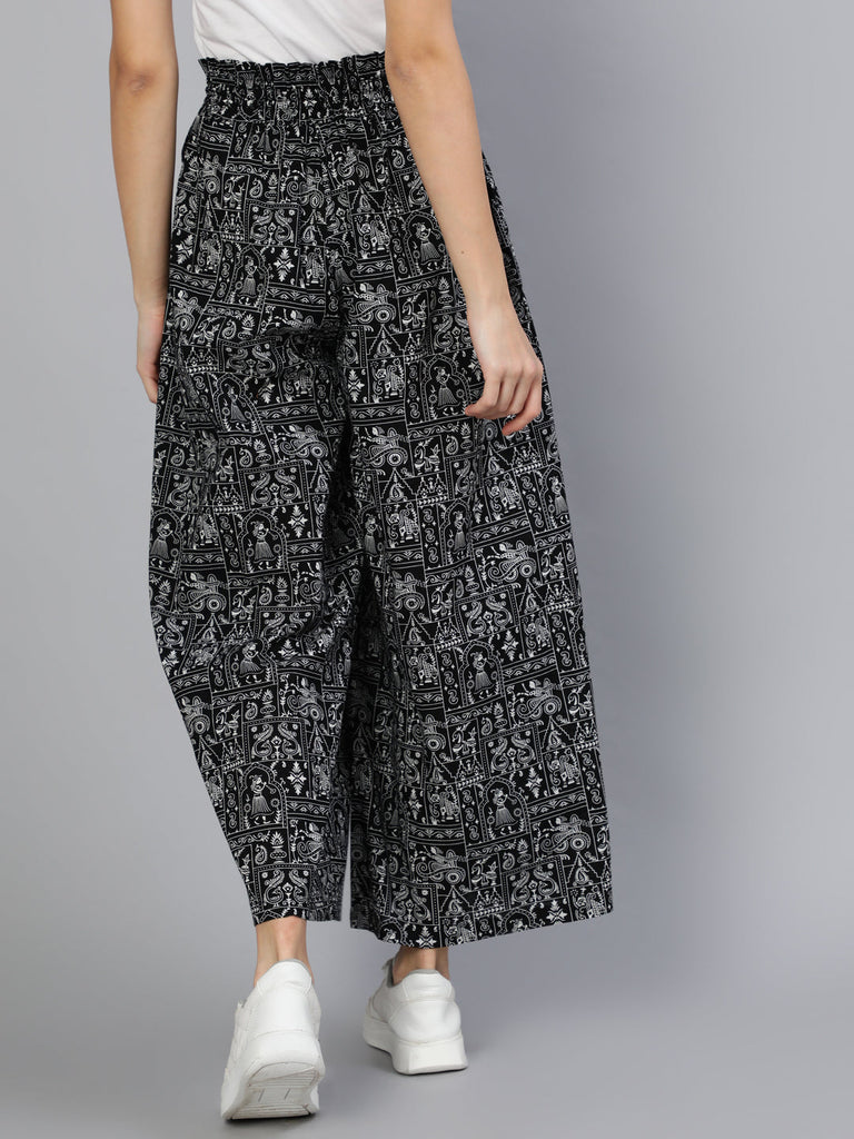 Women's Black Printed Wide Legged Printed Plazo With Side Pockets - N