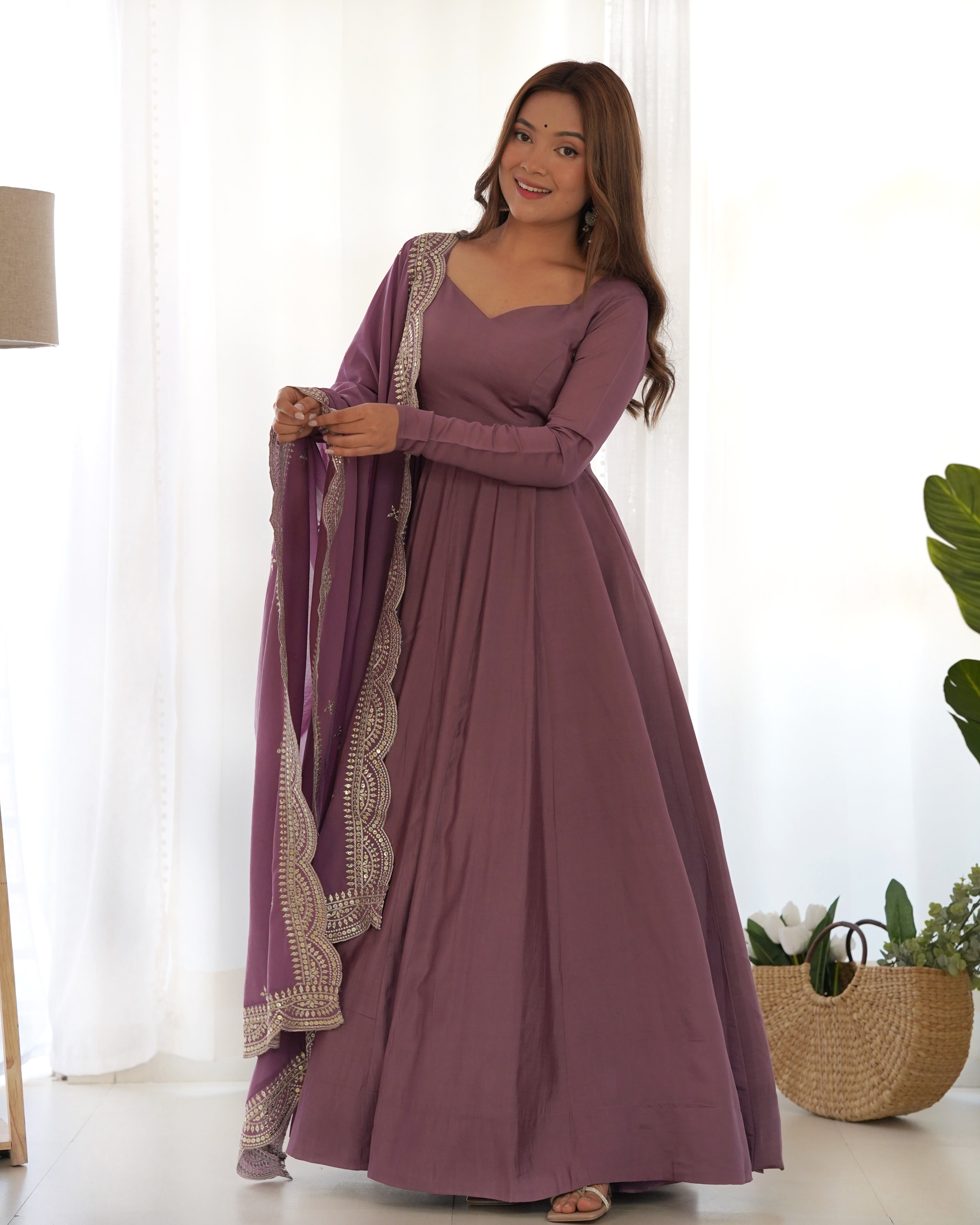 Dupatta Silk Cloth Long Gown Hand Embroidered Art Silk Gown With Attached Dupatta In Purple Dupatta Silk Cloth Long Gown Hand Embroidered Art Silk Gown With Attached Dupatta In Purple