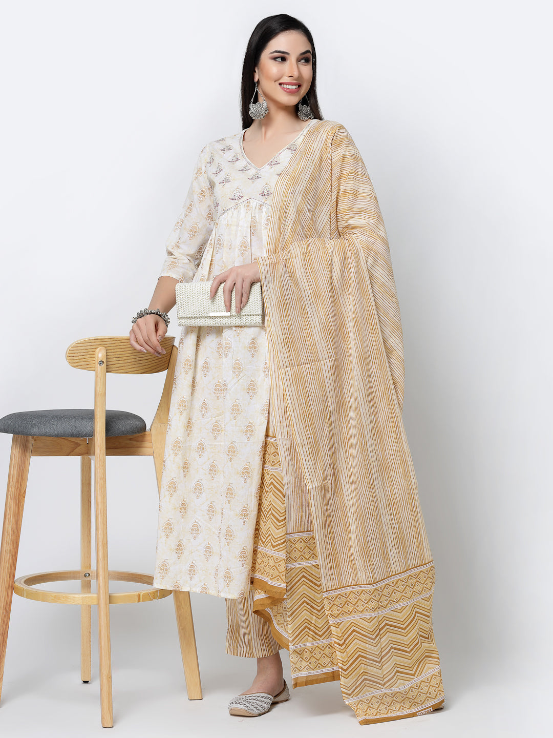 Women's Cream Embroidered Cotton Alia Cut Kurta Set With Dupatta - Benaaz