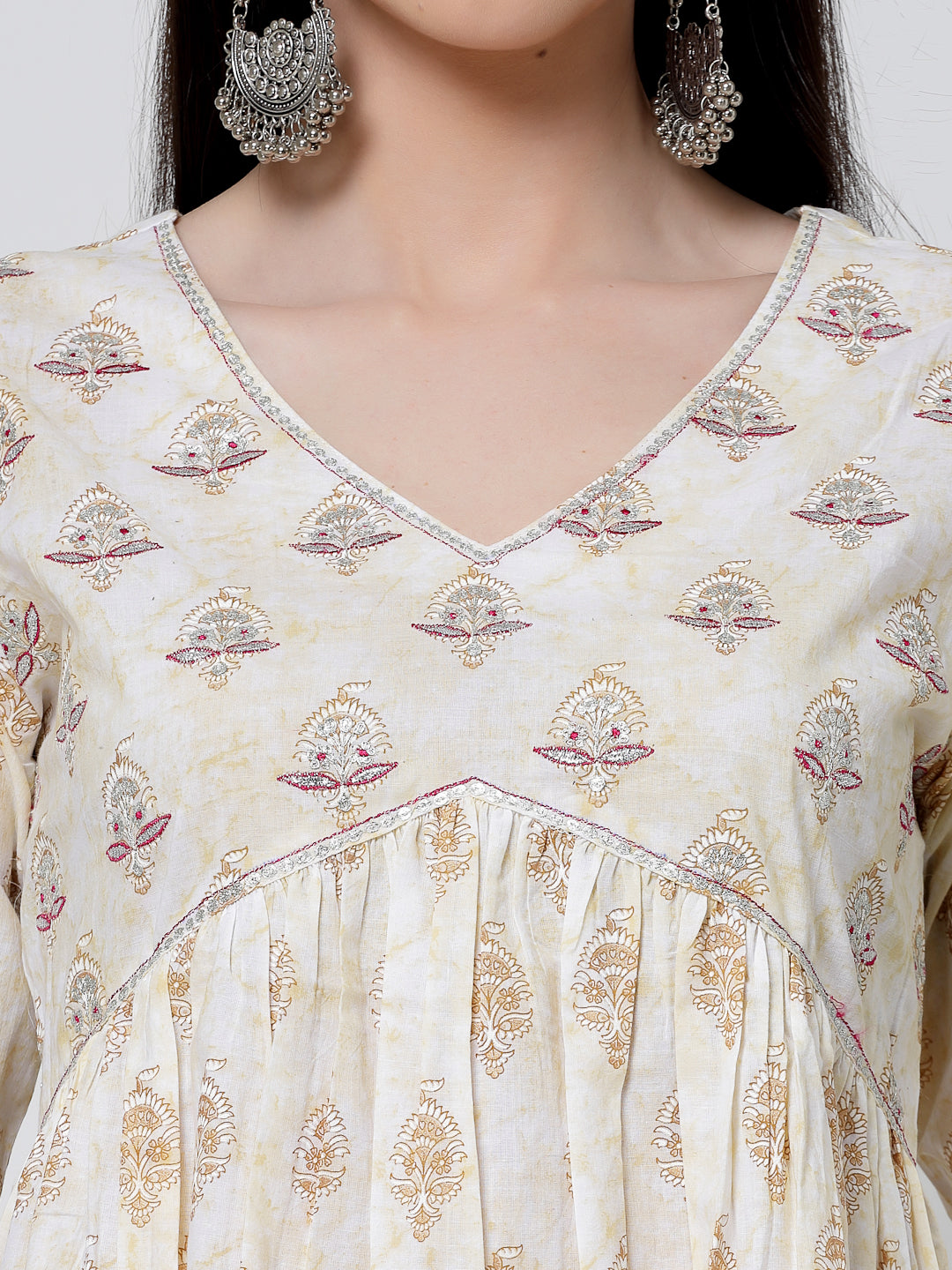 Women's Cream Embroidered Cotton Alia Cut Kurta Set With Dupatta - Benaaz