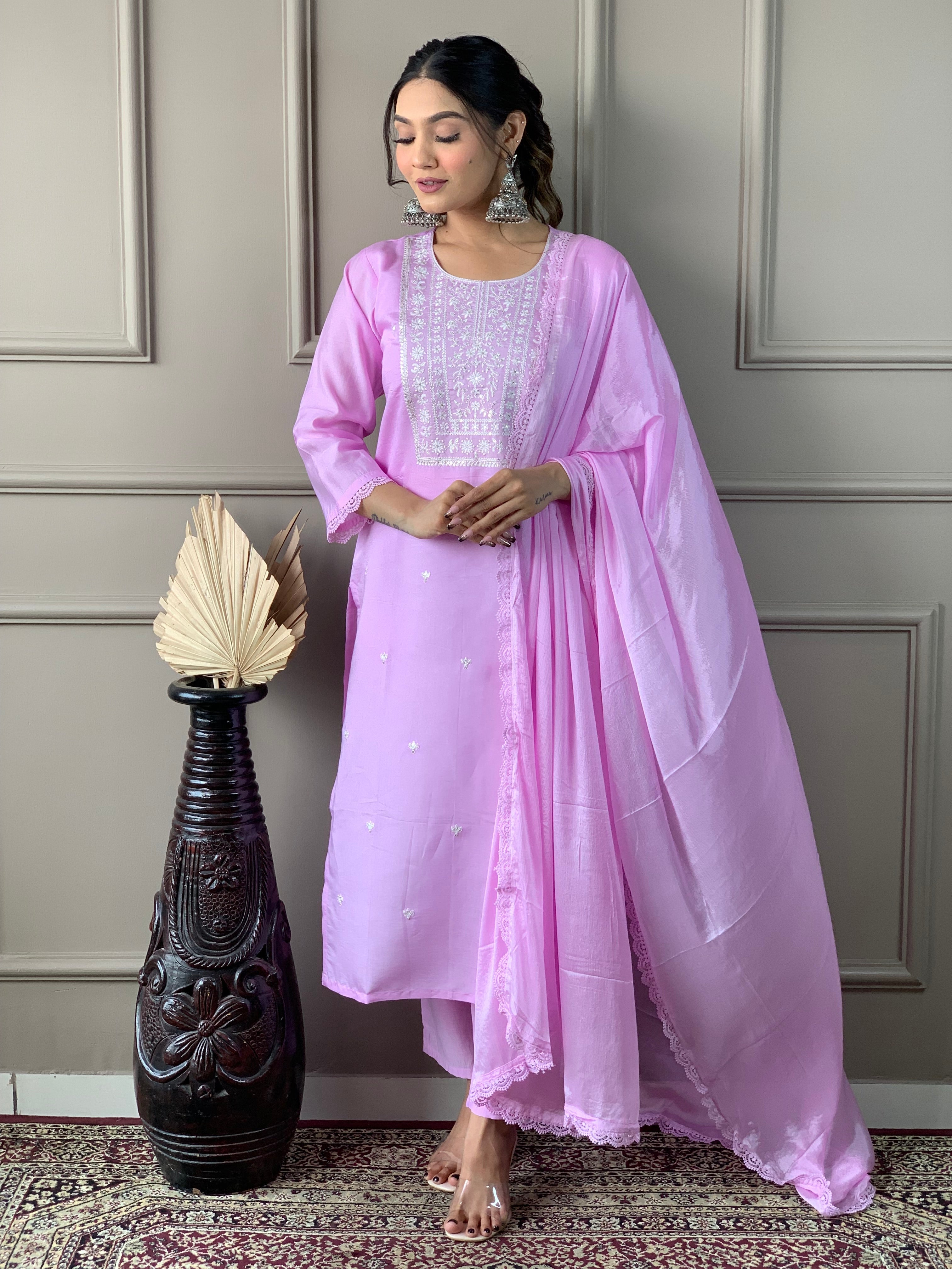 Women's Round Neck Embroidered Work, Chanderi Fabric Kurta & Pant With Dupatta Set - Taantav