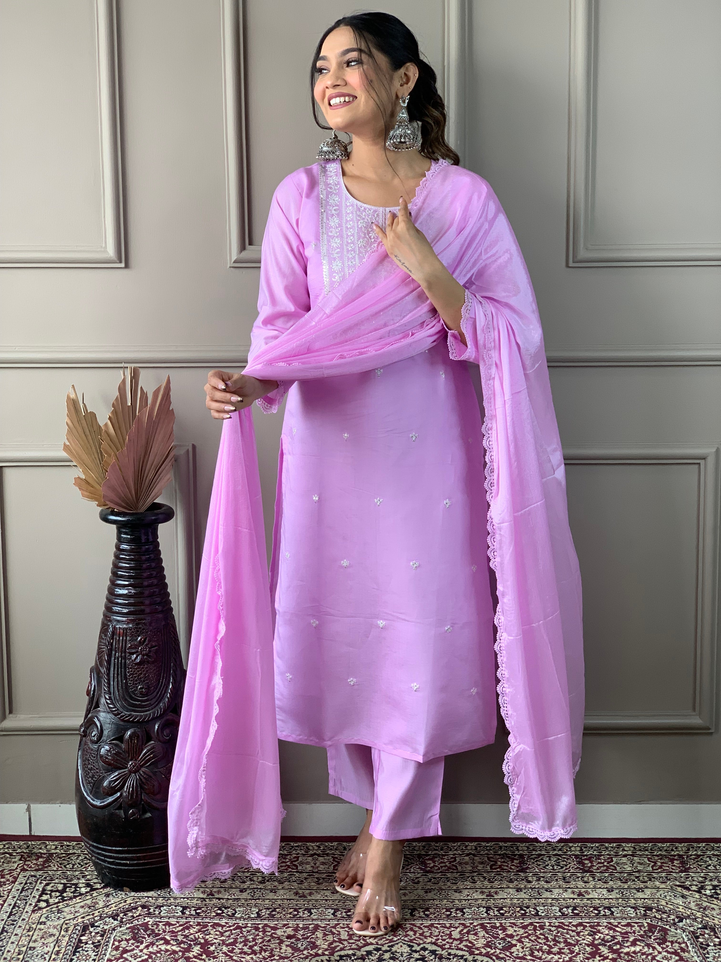 Women's Round Neck Embroidered Work, Chanderi Fabric Kurta & Pant With Dupatta Set - Taantav