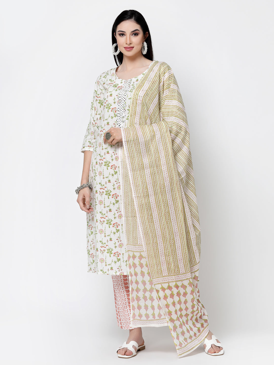 Women's Cream Printed Cotton Kurta Set With Dupatta - Benaaz