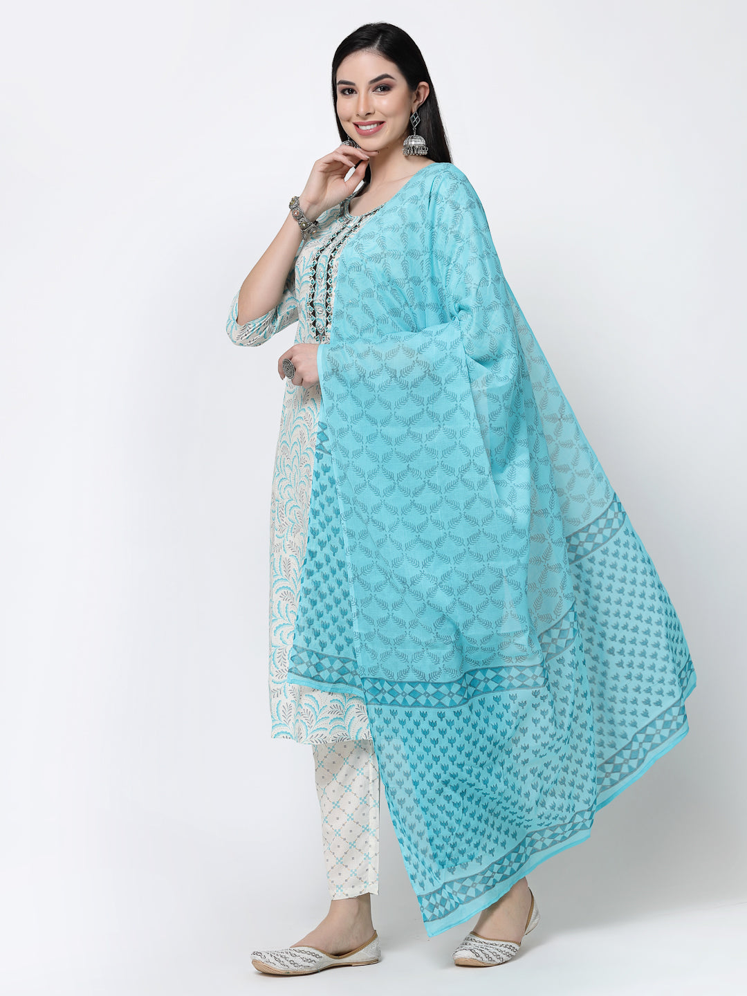 Women's Printed Cream Embroidered Cotton Kurta Set With Dupatta - Benaaz