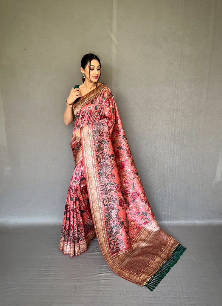 Women's Pink Diva Soft Silk Kalamkari Printed Saree