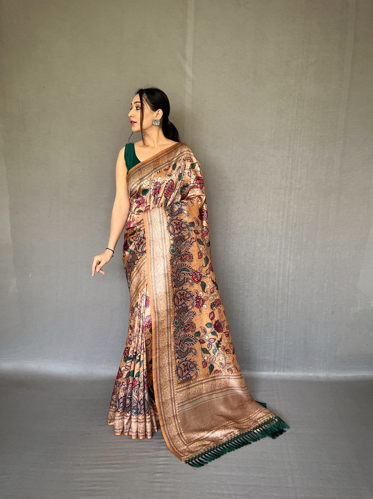 Women's Camel Brown Diva Soft Silk Kalamkari Printed Saree