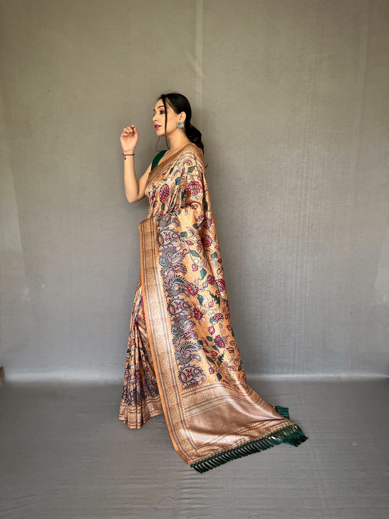 Women's Camel Brown Diva Soft Silk Kalamkari Printed Saree