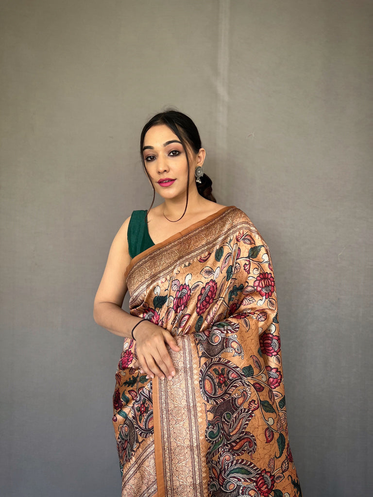 Women's Camel Brown Diva Soft Silk Kalamkari Printed Saree