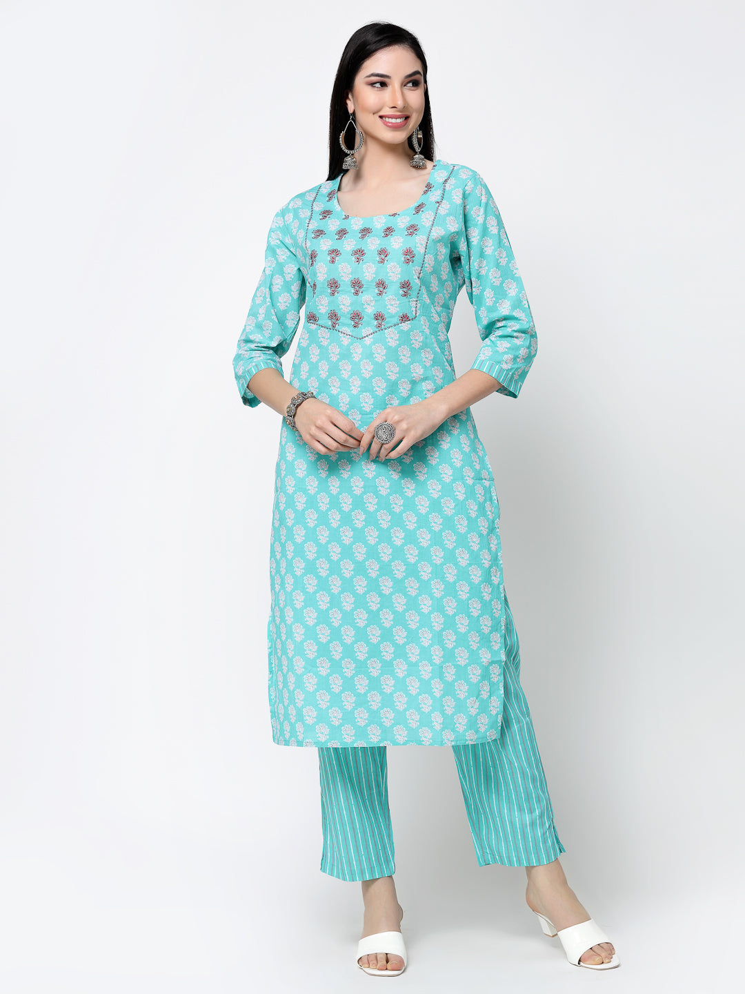 Women's Turquoise Blue Embroidered Cotton Suit Set - Benaaz