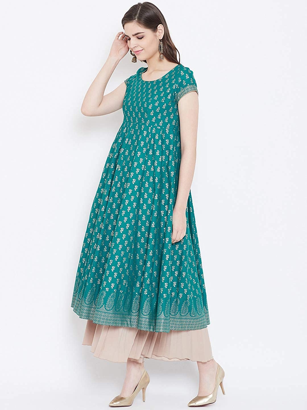 Women's Turquoise Green Embellished Daily Wear Cotton Blend Kurta - Cheera