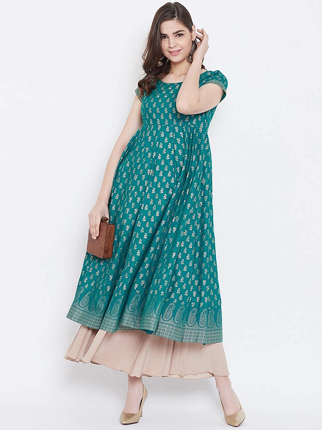 Women's Turquoise Green Embellished Daily Wear Cotton Blend Kurta - Cheera