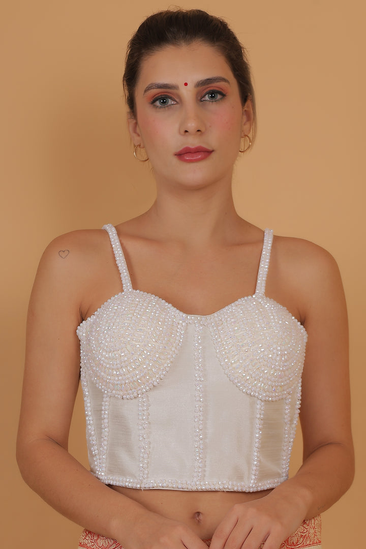 Women Pearl White Pearl And Beads Hand Embroidery Silk Padded Corset Blouse