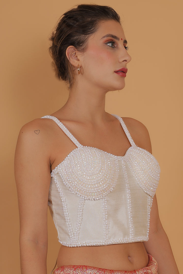 Women Pearl White Pearl And Beads Hand Embroidery Silk Padded Corset Blouse