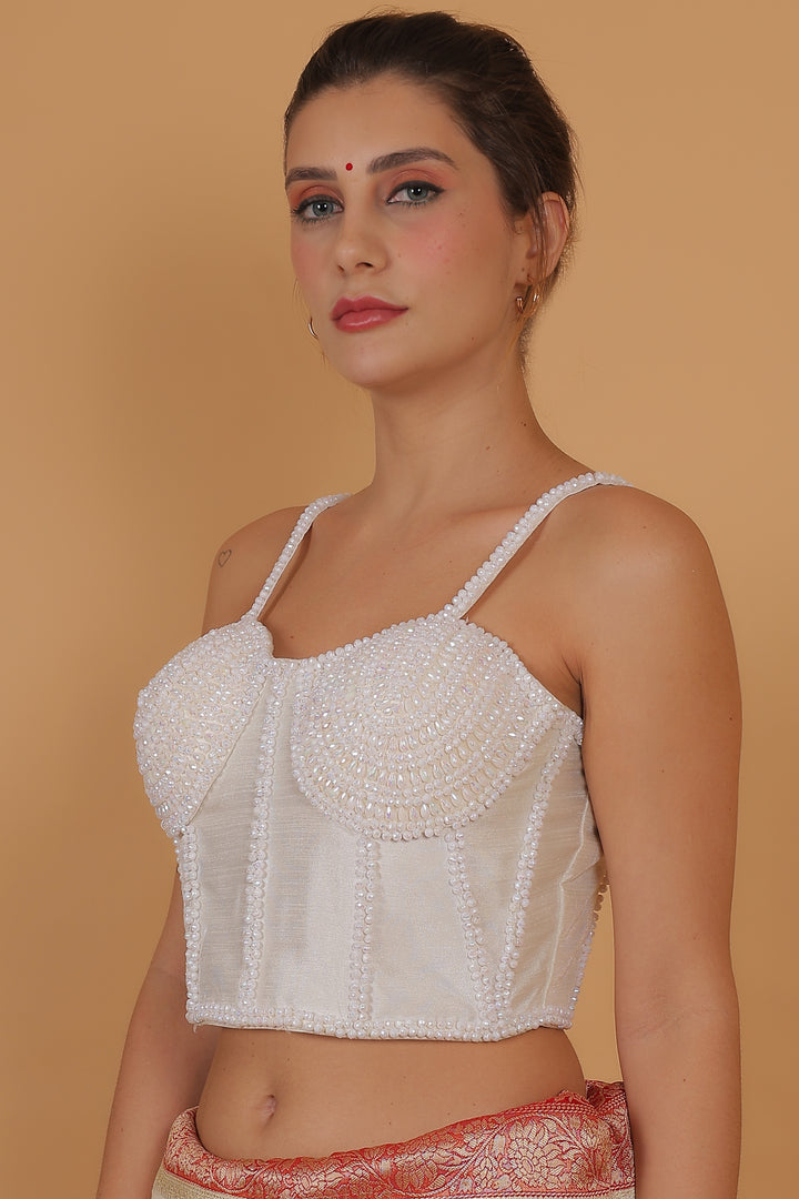 Women Pearl White Pearl And Beads Hand Embroidery Silk Padded Corset Blouse