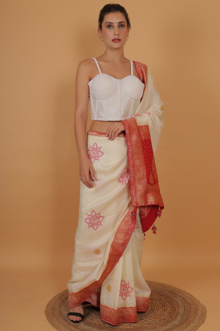 Women Pearl White Pearl And Beads Hand Embroidery Silk Padded Corset Blouse