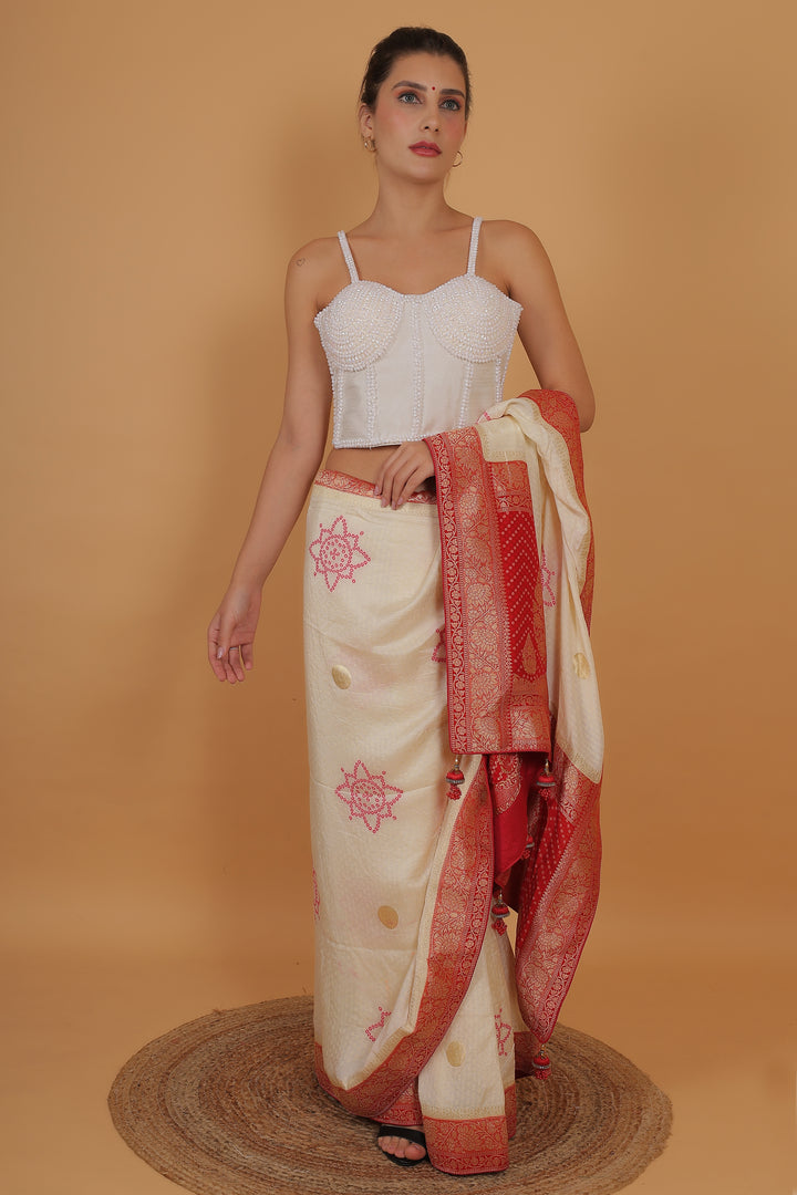 Women Pearl White Pearl And Beads Hand Embroidery Silk Padded Corset Blouse