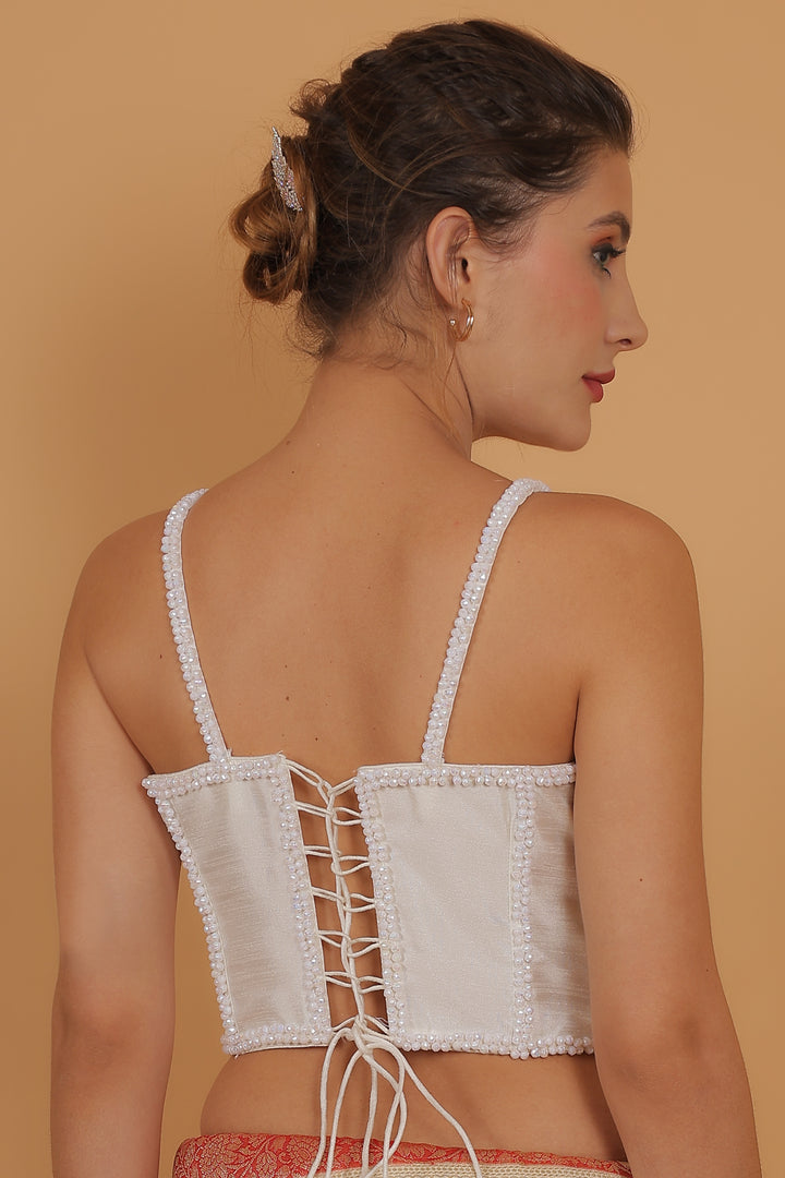 Women Pearl White Pearl And Beads Hand Embroidery Silk Padded Corset Blouse