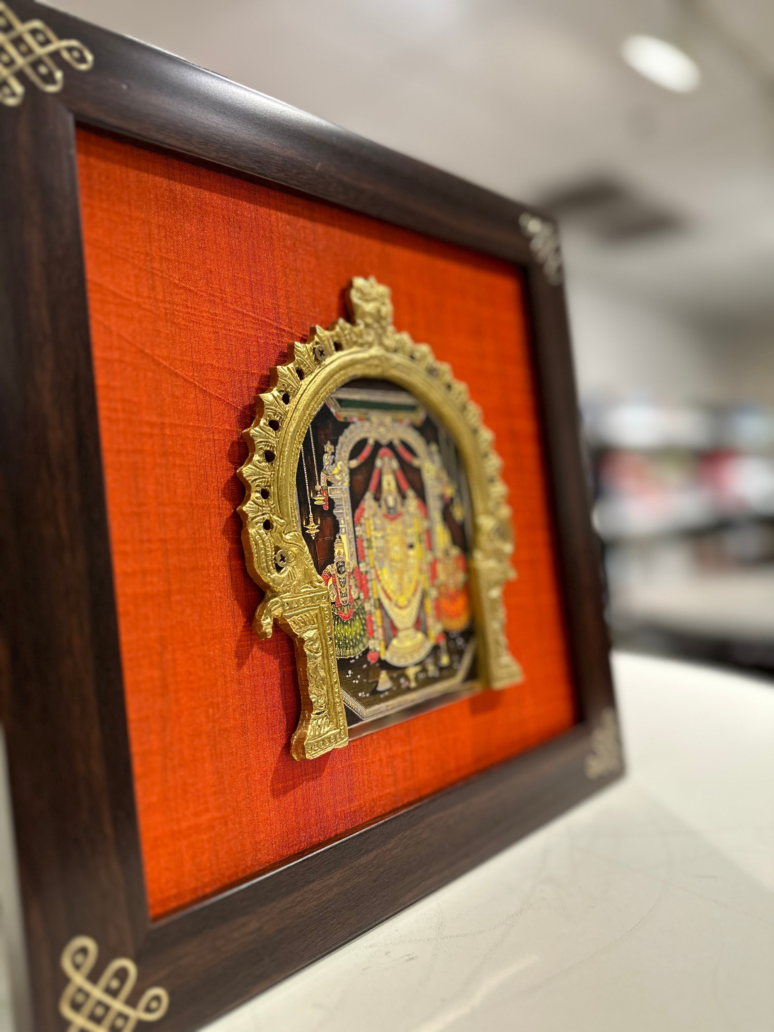 Krishna silk frame with tanjore digital art & brass prabhavali