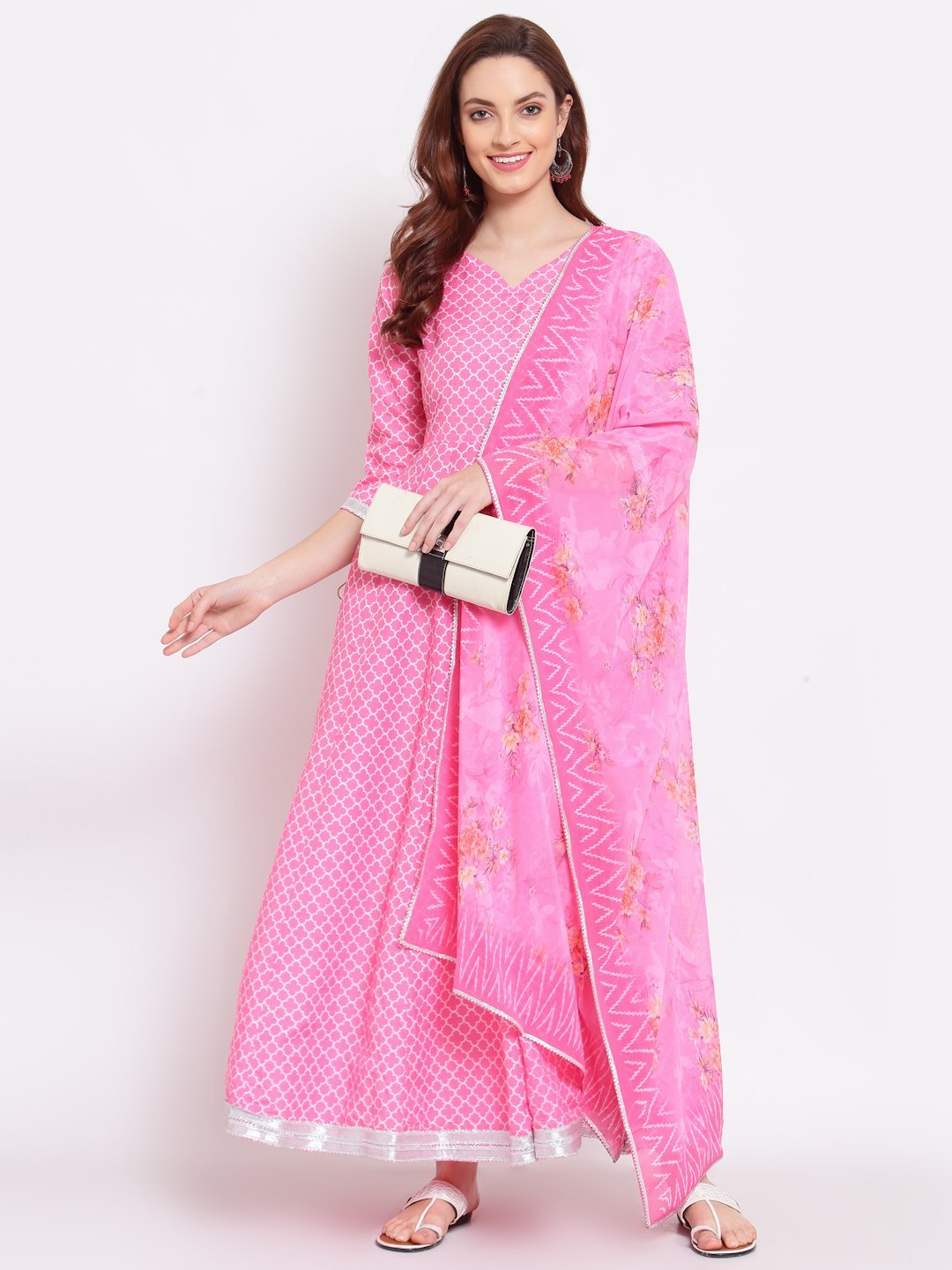 Women's Pink Printed Cotton Blend 3/4 Sleeve V Neck Casual Anarkali Kurta Dupatta Set - Final Clearance Sale