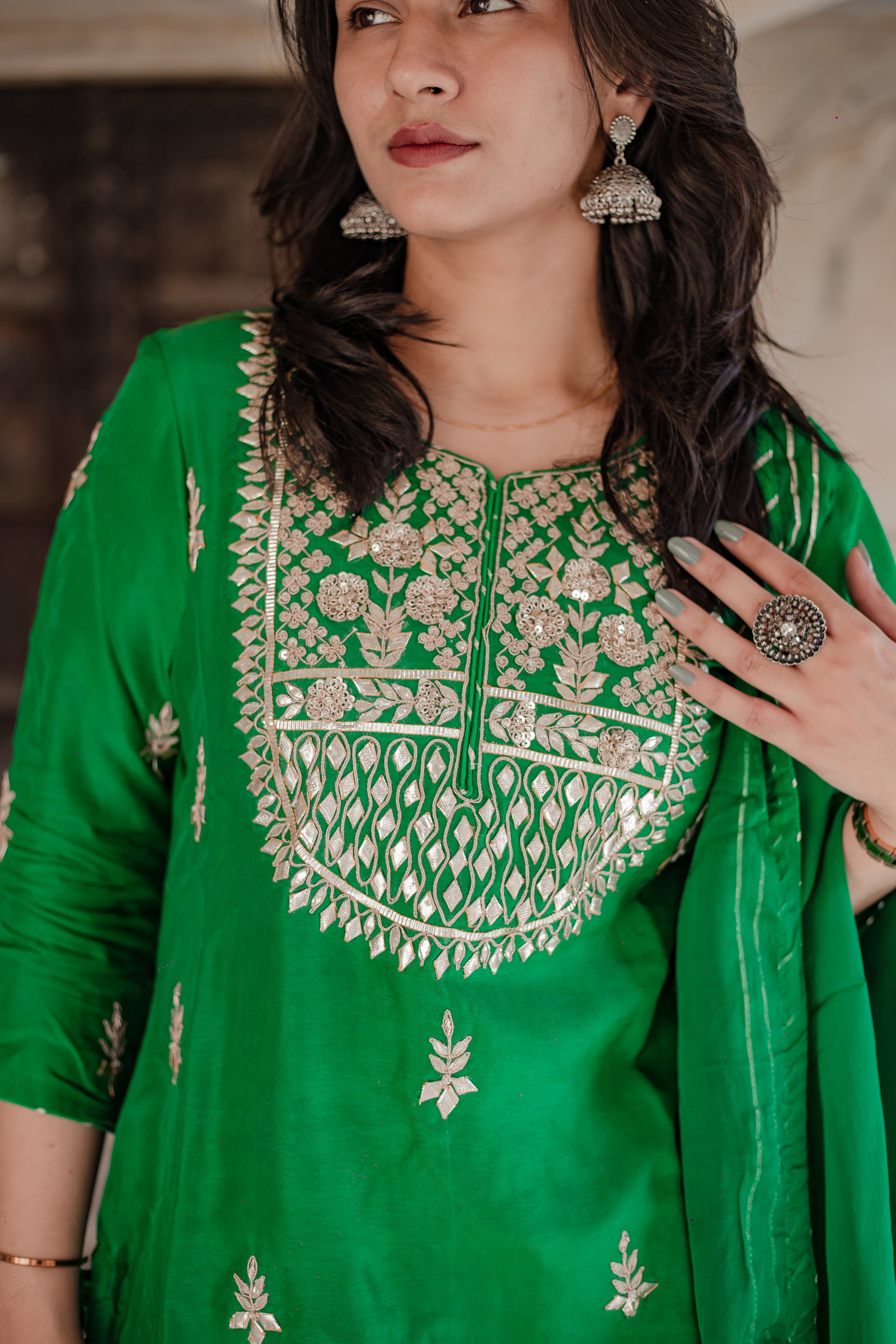 Women's Dark Green Russian silk Hand embroidery Kurta Sharara with Organza dupatta - Taantav