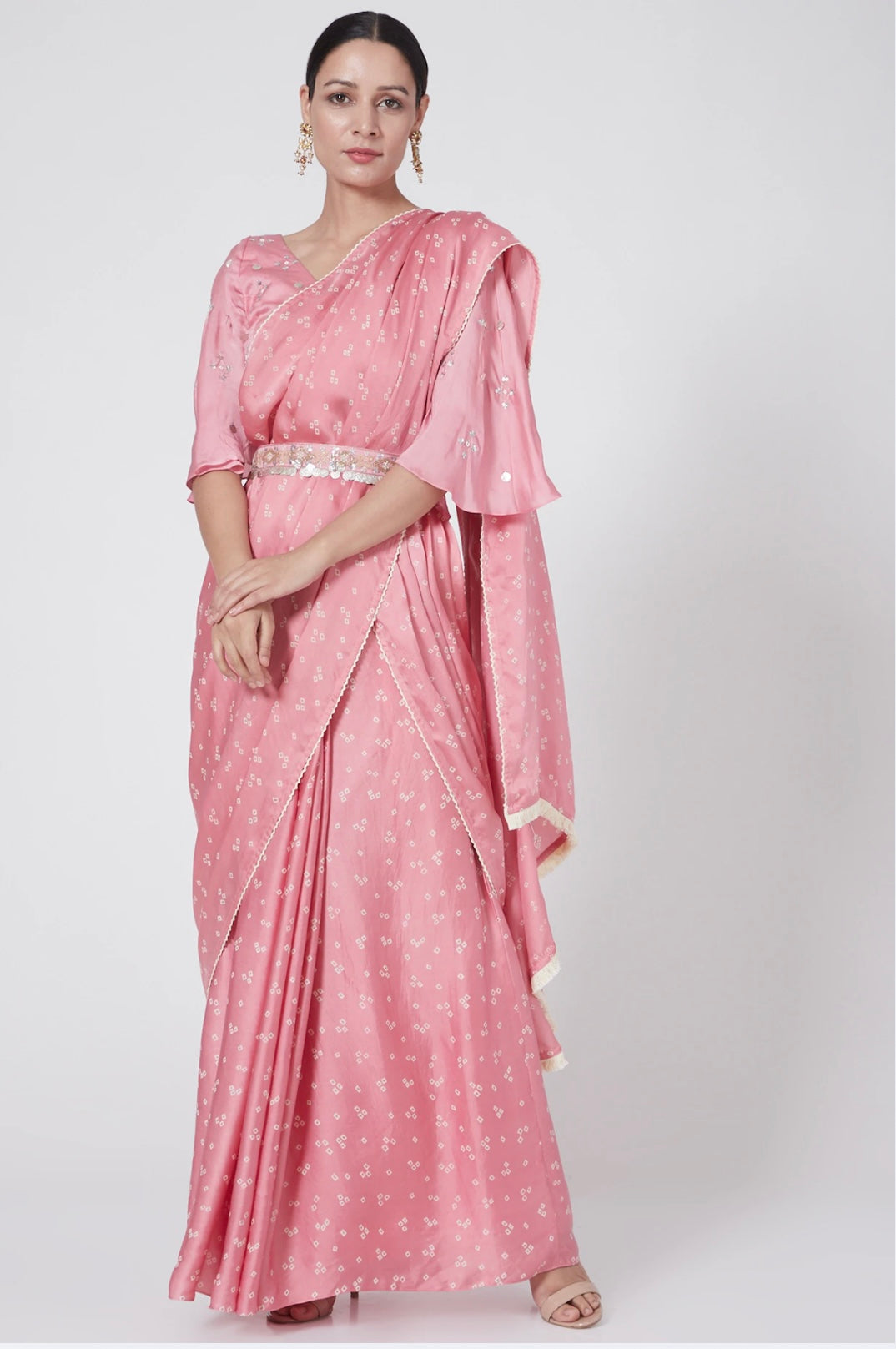 Women's Blush Pink Hand Embroidered & Printed Saree Set - Nangalia Ruchira