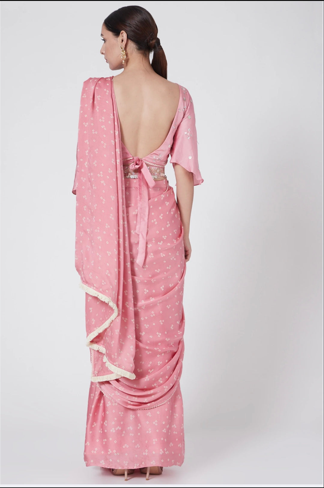Women's Blush Pink Hand Embroidered & Printed Saree Set - Nangalia Ruchira