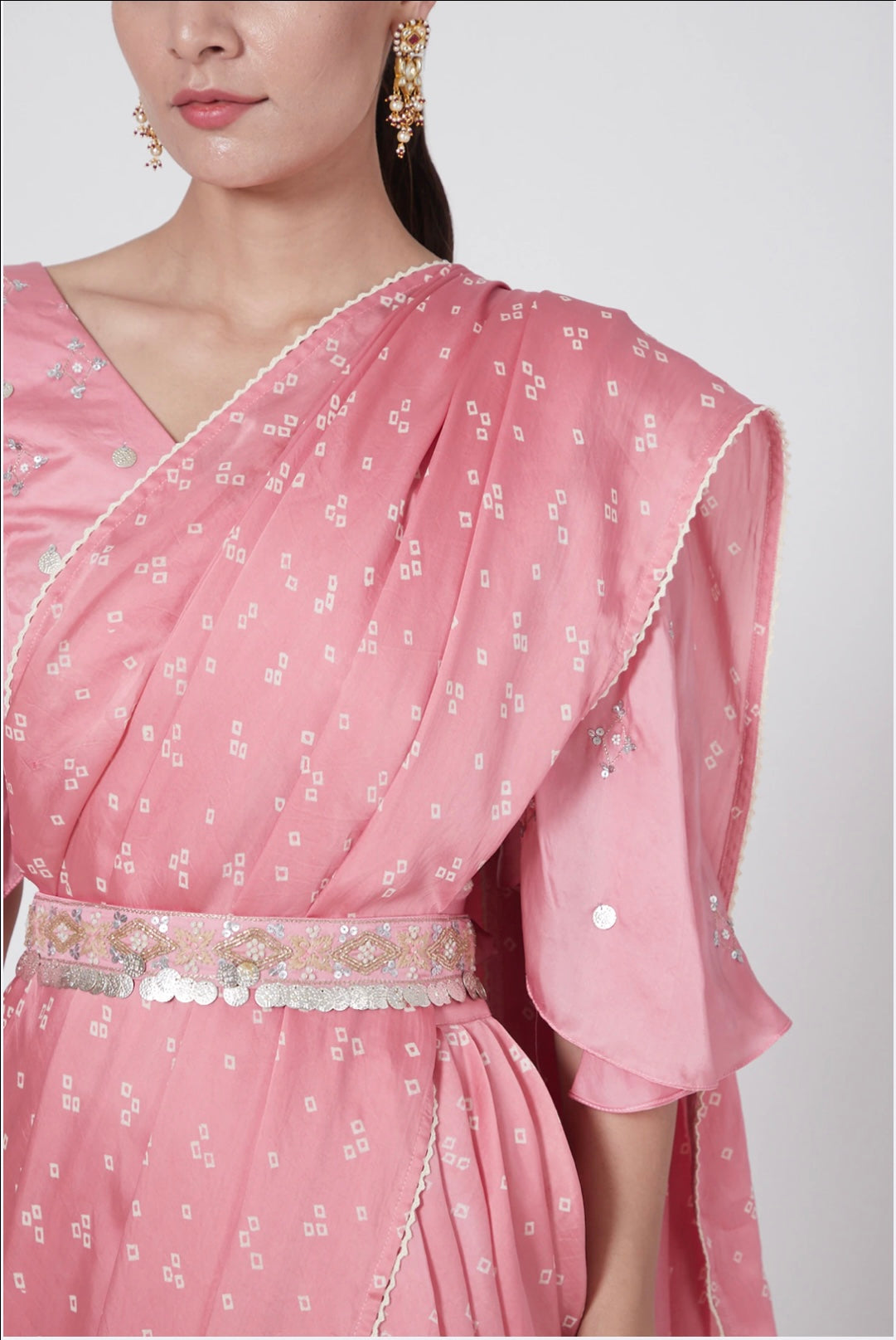 Women's Blush Pink Hand Embroidered & Printed Saree Set - Nangalia Ruchira