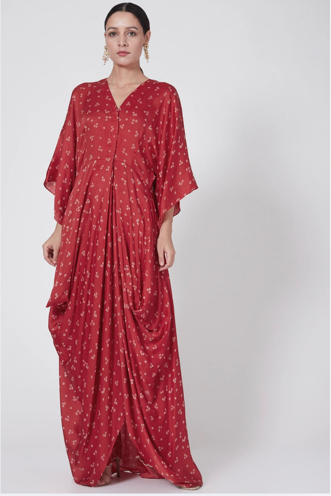 Women's Red Printed Cowl Dress - Nangalia Ruchira