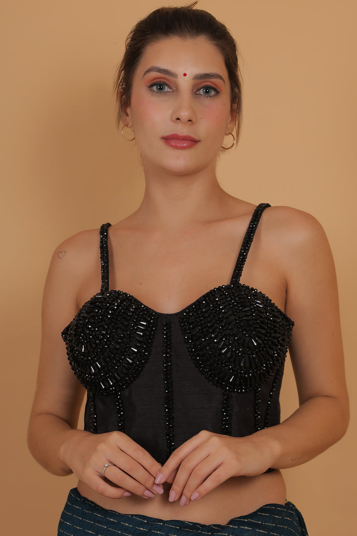 Women Black Pearl And Beads Hand Embroidery Silk Padded Blouse