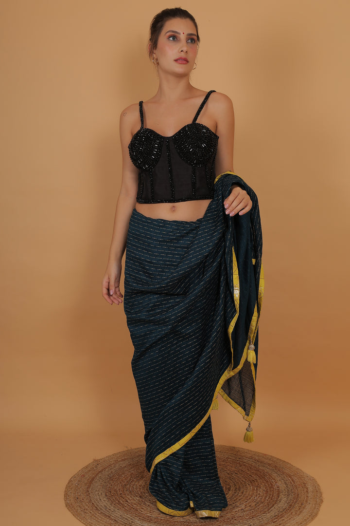 Women Black Pearl And Beads Hand Embroidery Silk Padded Blouse