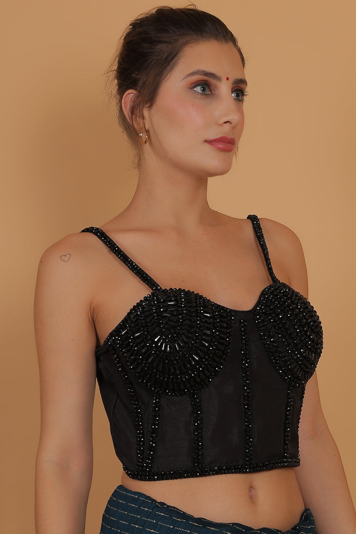 Women Black Pearl And Beads Hand Embroidery Silk Padded Blouse