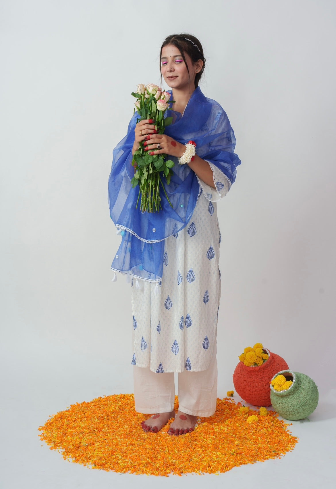 Wome's Blue Cotton Block Print And Sequins Details Kurta Set