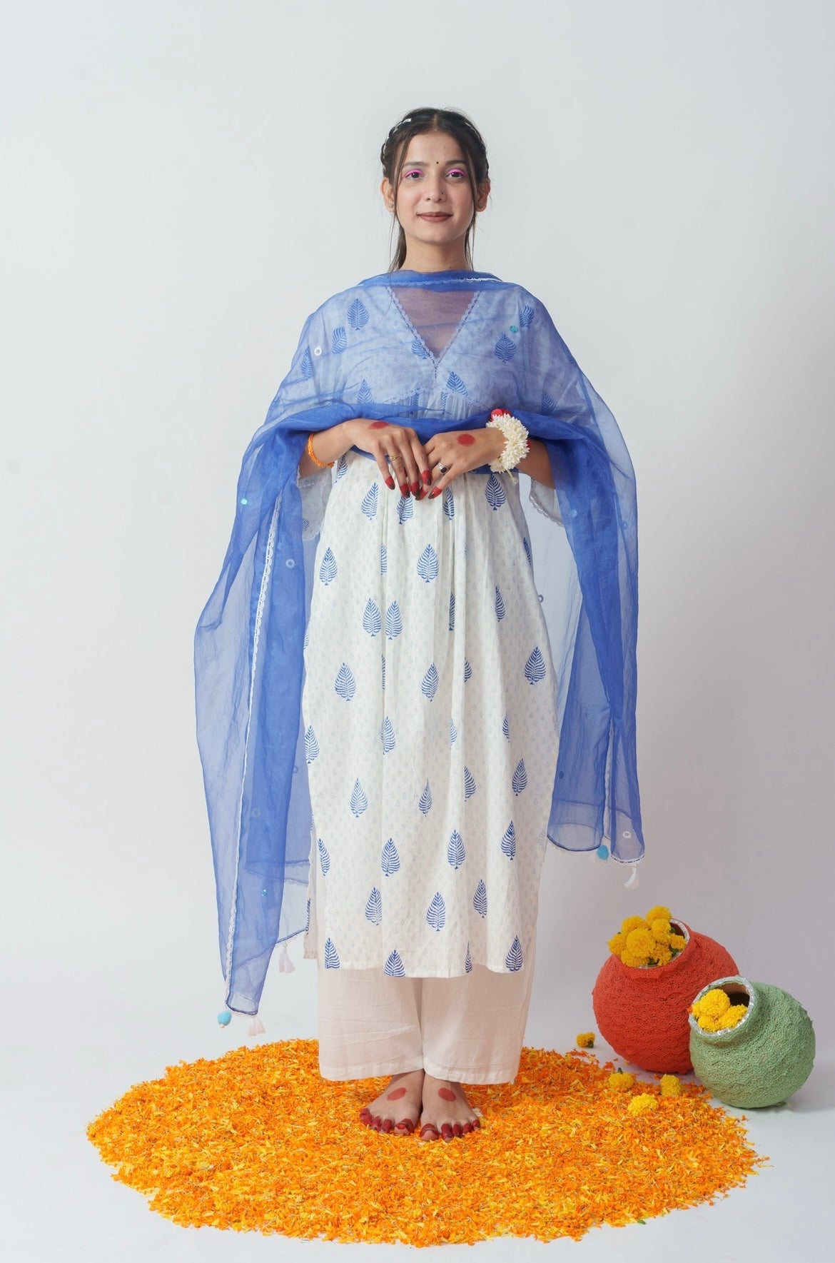 Wome's Blue Cotton Block Print And Sequins Details Kurta Set
