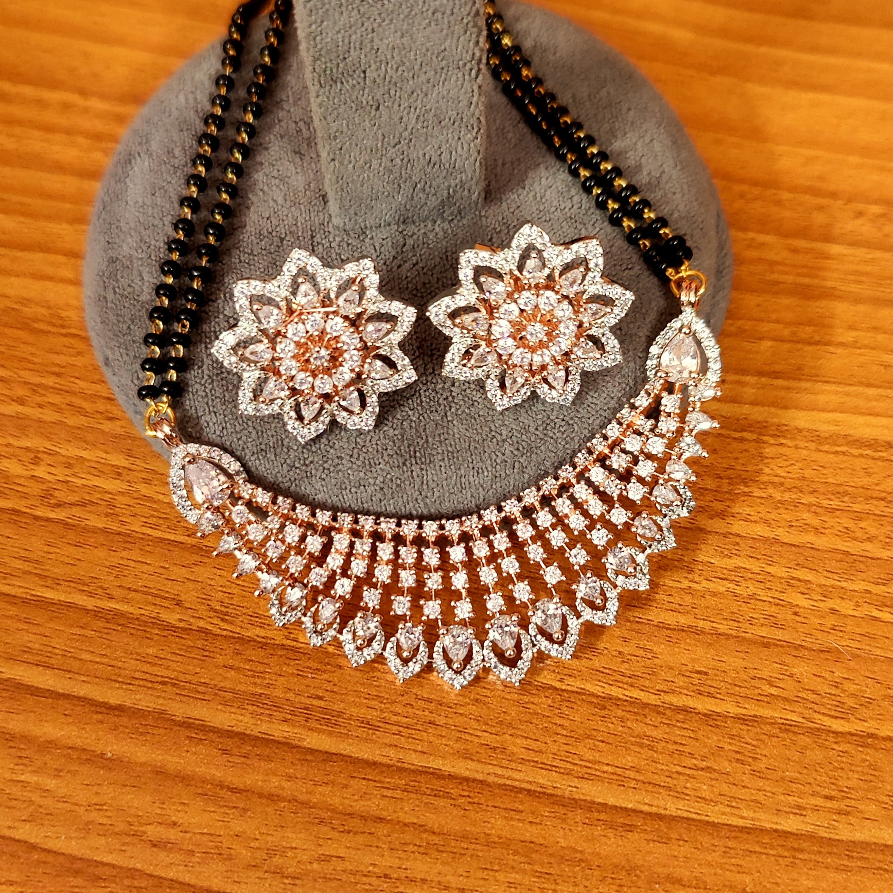 Women 's Rose Gold Diamond Look Cz Studded Mangalsuta