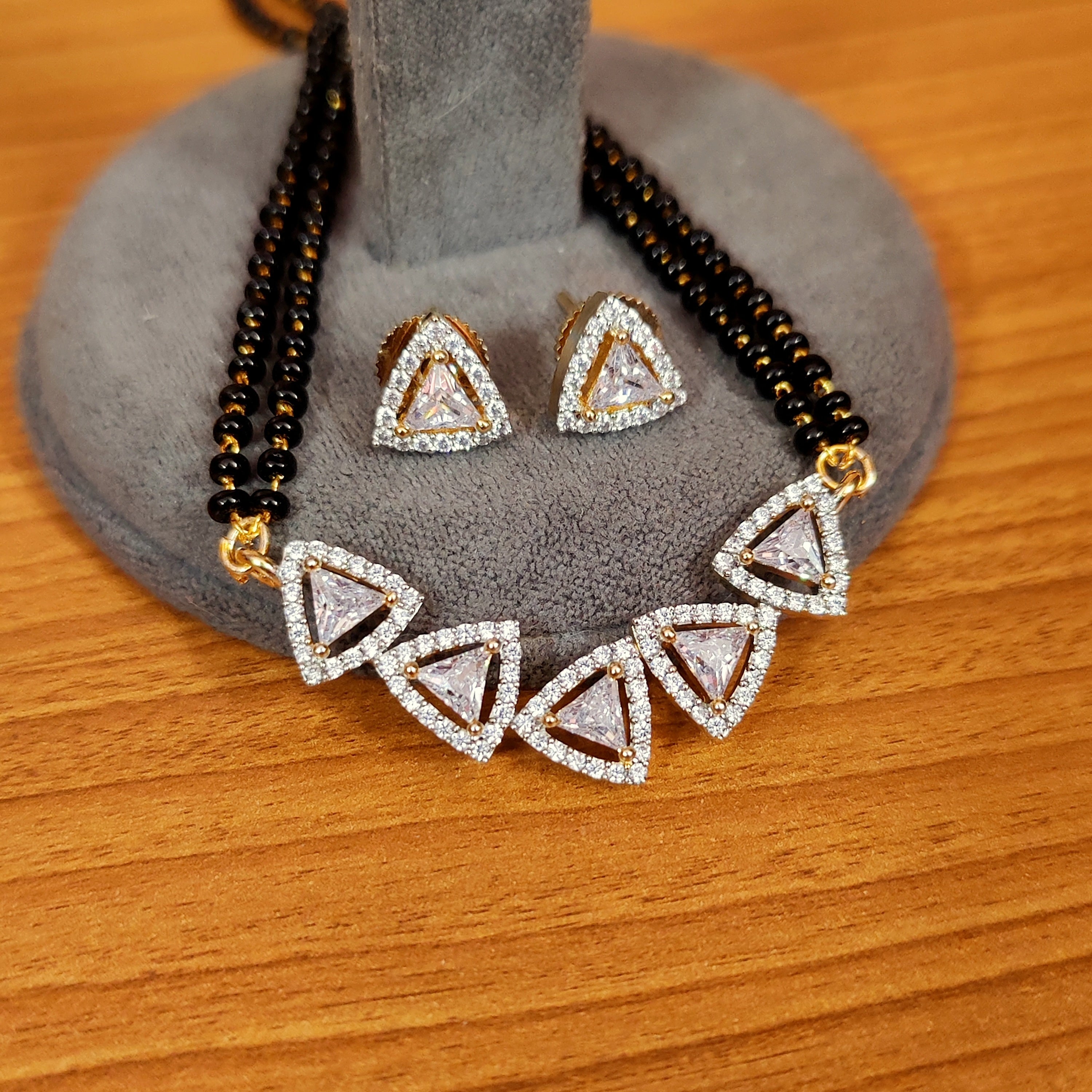 Women 's Gold Plated Triangle Shaped Diamond Look Designer Mangalsutra