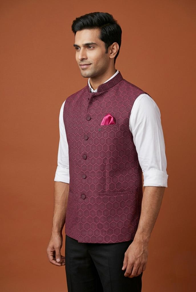 Men's Maroon Silk Zari Work Nehru Jacket
