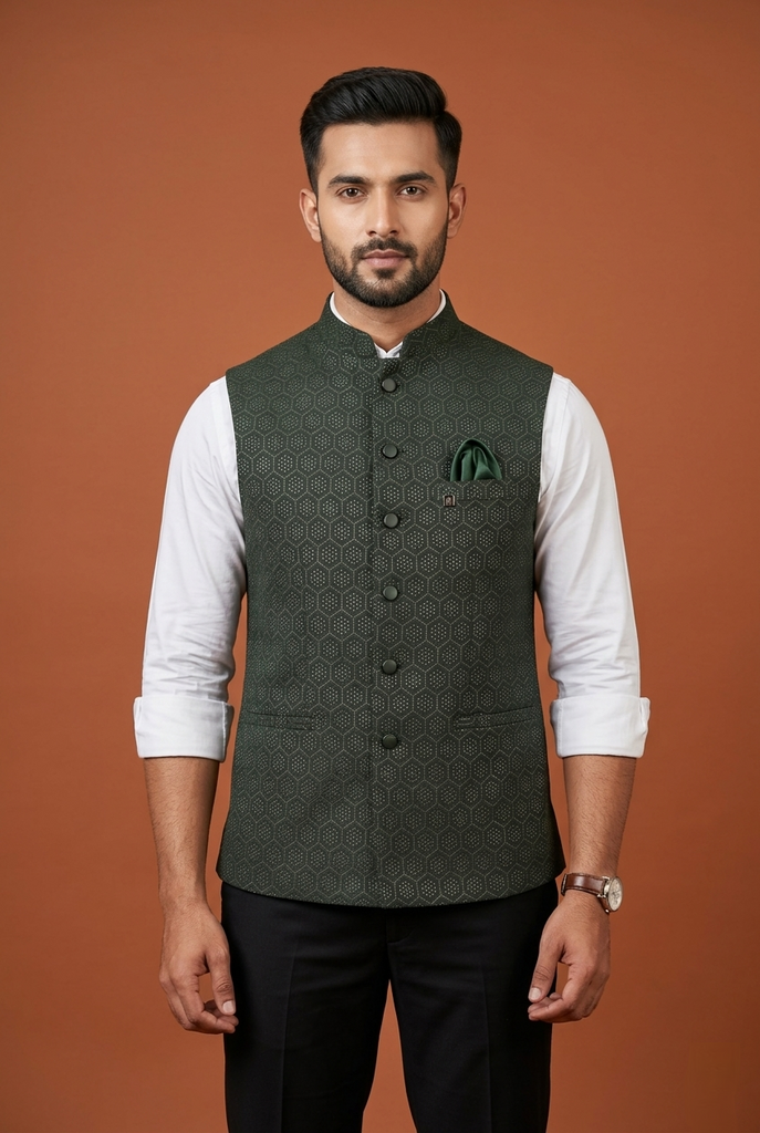 Men's Bottle Green Silk Zari Work Nehru Jacket