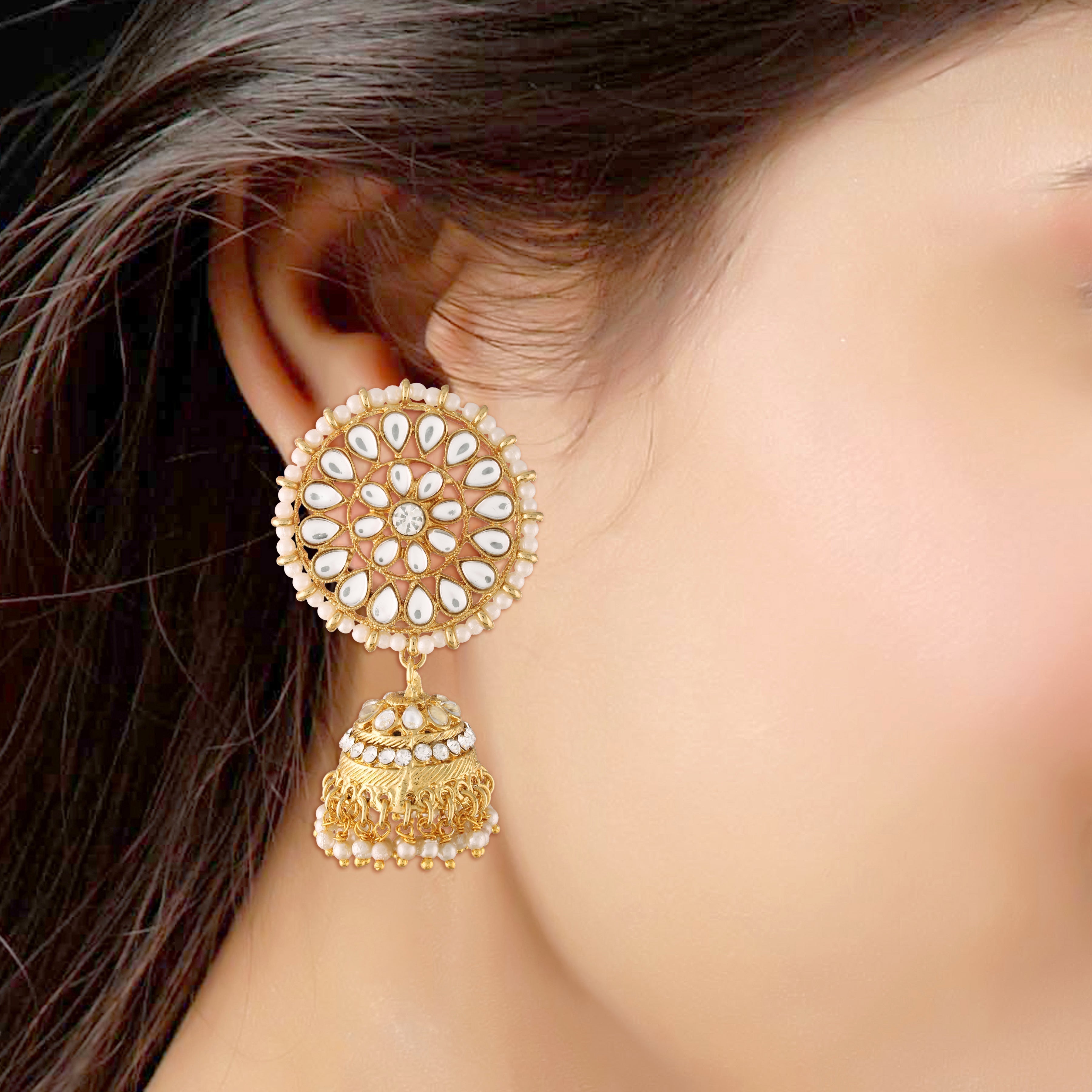 Women's Traditional Gold Plated Chandbali Kundan & Pearl Earring Set with Maang Tikka