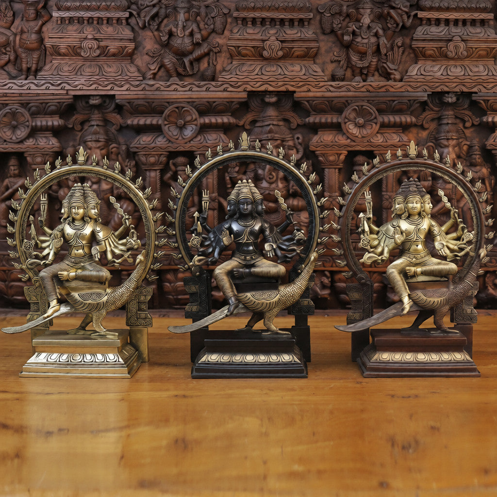 Brass Chatur Mukhi Kartik Idol with Peacock, Copper & Golden Finish, 17.5"