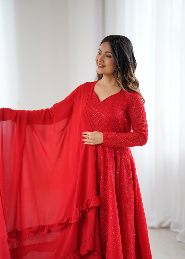 Women's Red Georgette Lukhnowi Sequence Work Anarkali Set