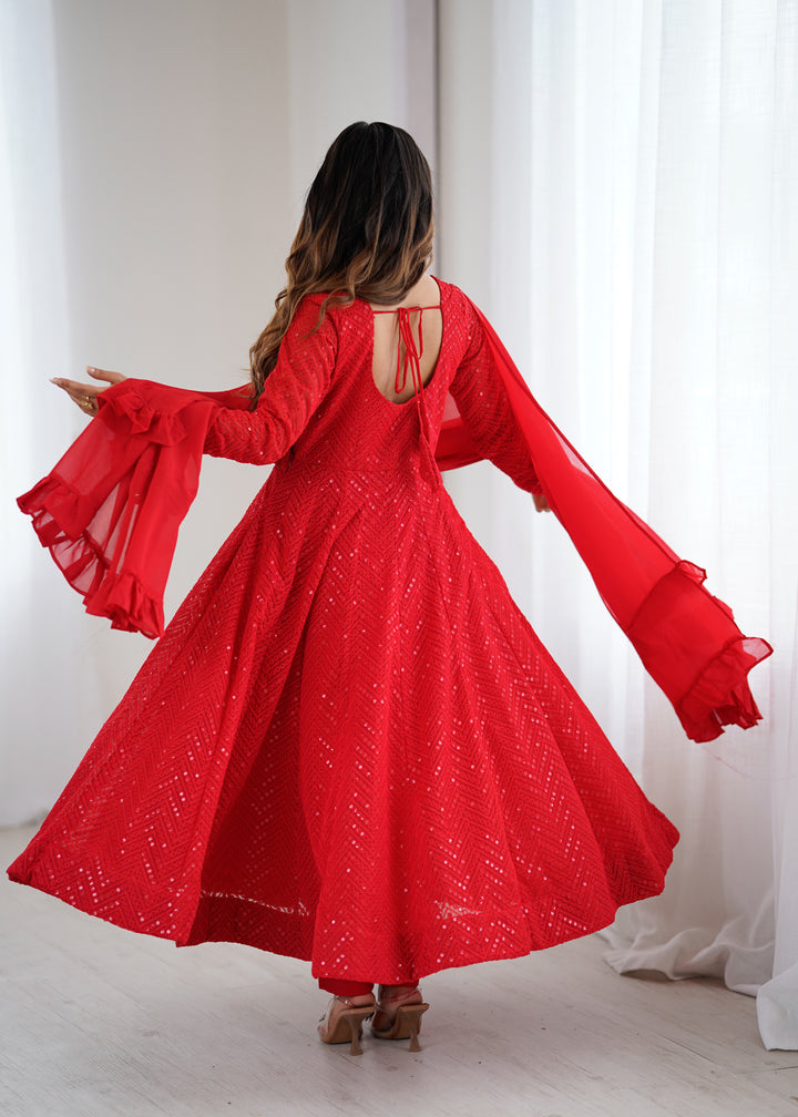Women's Red Georgette Lukhnowi Sequence Work Anarkali Set