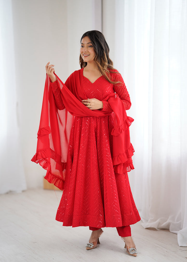 Women's Red Georgette Lukhnowi Sequence Work Anarkali Set