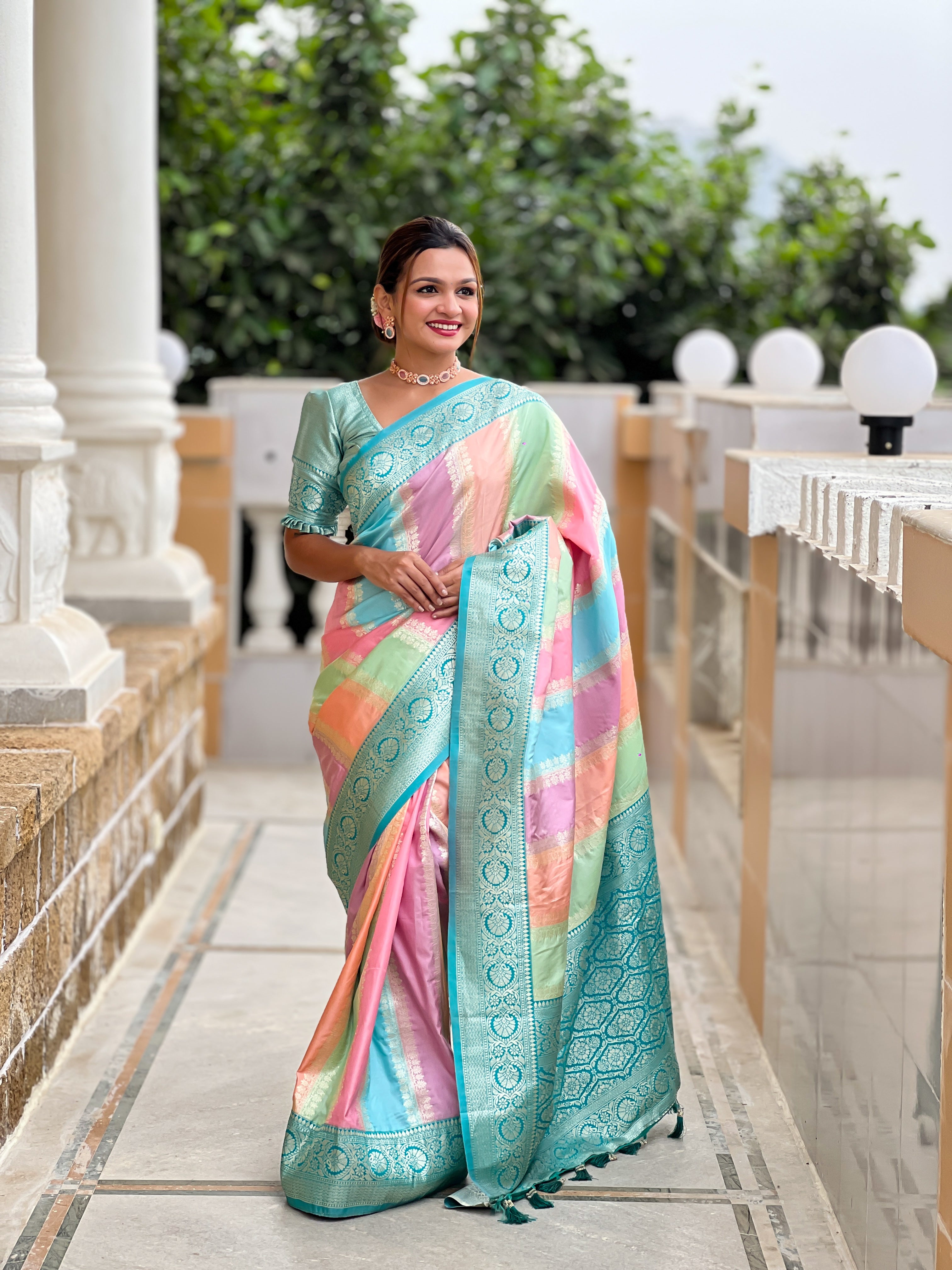 Women's sky Blue silk Zari Weaving, Meenakari Design All Over saree - Pramukh Fab